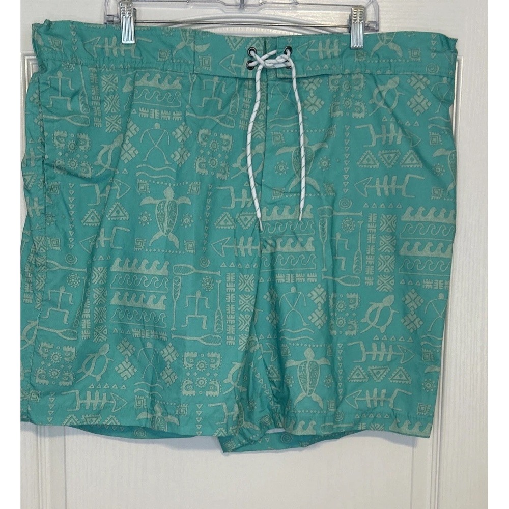 St. Johns Bay Mens Swim Trunks XXL Turquoise Tribal Fish Mesh Lined NEW